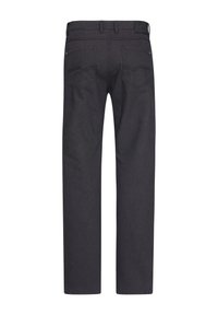 Dark gray trousers with a straight cut, featuring a waistband label, two back pockets, and a smooth, textured fabric.