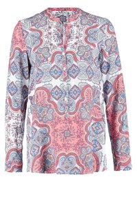 Langarmhemd in einem weißen, rosa und blauen Paisley-Muster, mit einer Knopfleiste und einem runden Ausschnitt. Weicher Stoff mit lässigem Schnitt.