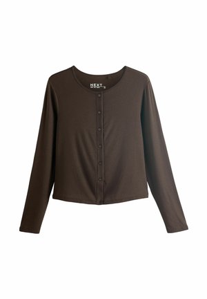 Maglia marrone a maniche lunghe in coste, con scollo rotondo e chiusura frontale con bottoni. Texture liscia e vestibilità comoda con orlo corto.