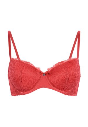 Red lace bra with floral pattern, adjustable shoulder straps, and small central bow with decorative charm.