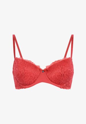 Red lace bra with floral pattern, adjustable shoulder straps, and small central bow with decorative charm.