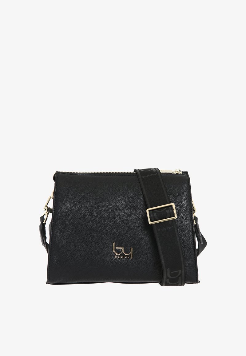 Schwarze Lederhandtasche mit strukturiertem Oberflächen, kompaktem rechteckigen Design, goldfarbener Hardware und abnehmbarem Tragegurt mit Logo-Akzenten.