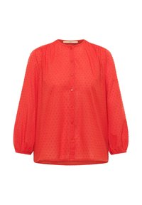 Rote, strukturierte Bluse mit Knopfleiste, rundem Ausschnitt und Puffärmeln. Besitzt kleine erhabene Punkte im gesamten Stoff.