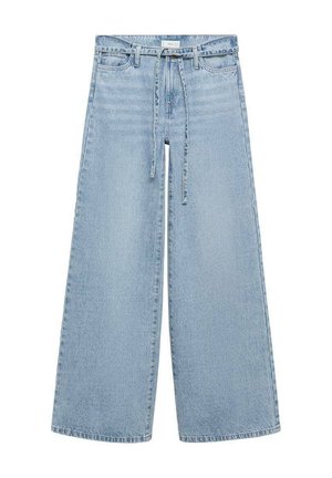 Jeanși largi de culoare albastru deschis din denim, cu talie înaltă, curea legată și decolorare subtilă. Croi drept fără ornamente.