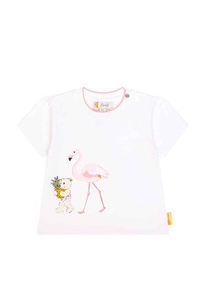 White baby T-shirt with pink trim, featuring a bear holding a pineapple and a pink flamingo walking beside it.