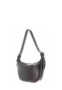 Sac bandoulière en cuir noir avec surface texturée. Comprend une sangle amovible avec des clous métalliques et une boucle ajustable. Forme courbée.