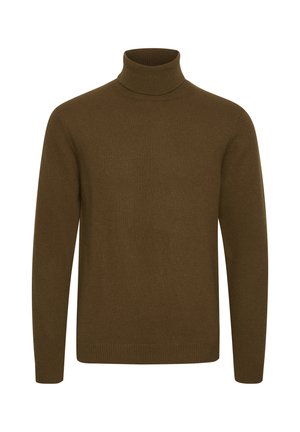 Pruun kaelus-sweater, mis on valmistatud kudumiskangast. Omab pikki varrukaid ja soonikkoes kaelust, pakkudes sujuvat ja ühtlast tekstuuri.