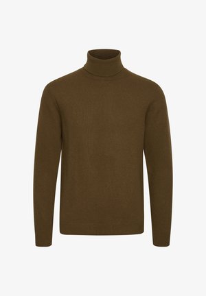 Maglione a collo alto marrone realizzato in tessuto lavorato a maglia. Presenta maniche lunghe e un colletto a coste, offrendo una texture liscia e uniforme.