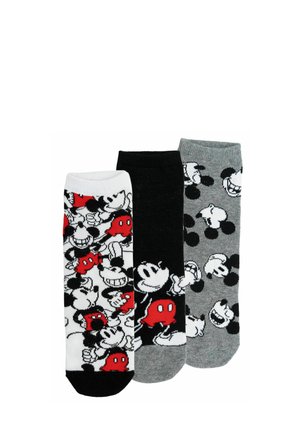 Three pairs of ankle socks featuring various black, white, red, and grey Mickey Mouse face designs on white, black, and grey backgrounds.