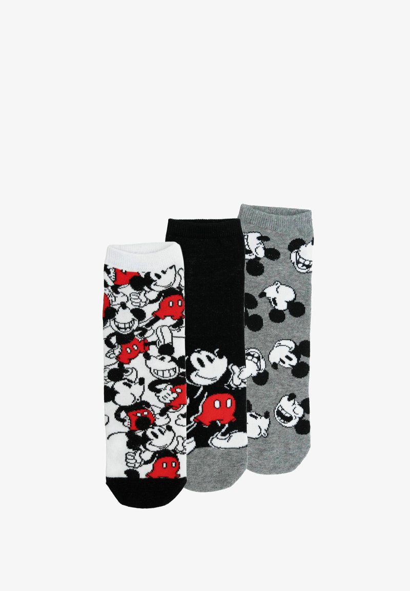 Three pairs of ankle socks featuring various black, white, red, and grey Mickey Mouse face designs on white, black, and grey backgrounds.