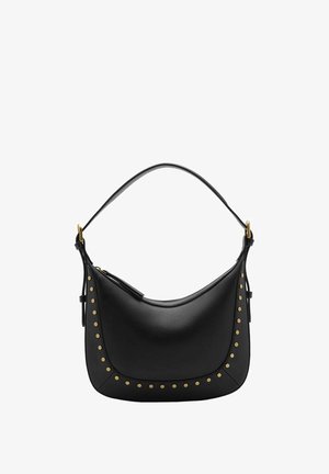 Schwarze Leder-Hobo-Tasche mit glatter Oberfläche, geschwungener Form, goldenen Beschlägen und goldenen Nieten entlang der Kante zur Dekoration.