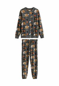 Gezellige grijze pyjama set met speelse dieren- en Halloween-thema patronen, waaronder beren, pompoenen, katten en spoken.