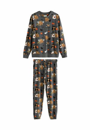 Cozy gray pajama set featuring playful animal and Halloween-themed patterns, including bears, pumpkins, cats, and ghosts.