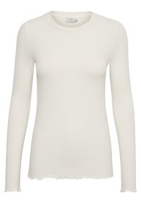 White long-sleeve ribbed top with a round neckline and frayed hem. Made of soft fabric with a fitted design, suitable for layering.