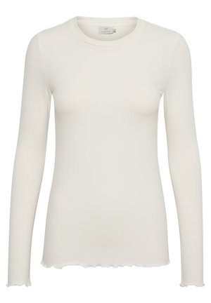 Weißes langärmliges Rippoberteil mit Rundhalsausschnitt und fransigem Saum. Hergestellt aus weichem Stoff mit passgenauer Optik, ideal zum Layering.