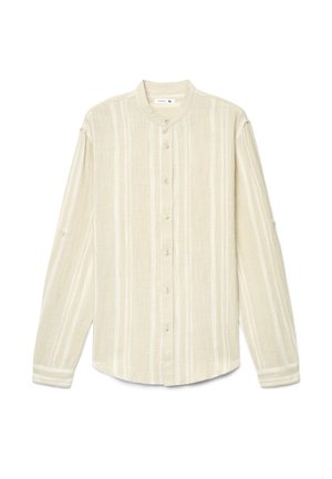 Camicia beige a maniche lunghe con bottoni, righe verticali bianche e collo alla mandarina, taglia XL, distesa su sfondo bianco.
