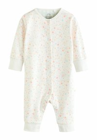 Body bianco per neonati con motivo di stelle pastello in rosa, blu e giallo. Presenta maniche lunghe, chiusura a scatto frontale e polsini a coste.
