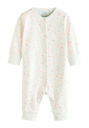 Weißes Baby-Body mit pastellfarbenem Sternmuster in Rosa, Blau und Gelb. Verfügt über lange Ärmel, Druckknopfverschlüsse vorne und gerippte Knöchelabschlüsse.