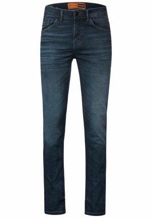 Dunkelblaue Slim-Fit-Denim-Jeans mit Fronttaschen, Gürtelschlaufen, Knopfverschluss und dezenten ausgewaschenen Details.