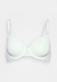 Witte gevormde beha met verstelbare bandjes en een klein strikje in het midden, afgebeeld op een effen achtergrond.