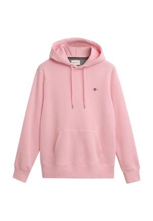 Rosa hoodie i bomullsblandning, med en framsida ficka, dragsko för huva, ribbade ärmslut och en liten broderad logotyp på bröstet.