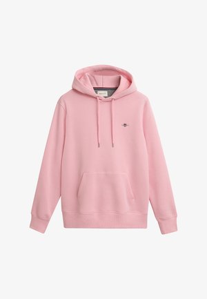 Rosa hoodie i bomullsblandning, med en framsida ficka, dragsko för huva, ribbade ärmslut och en liten broderad logotyp på bröstet.