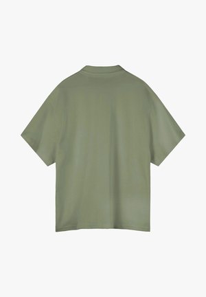 Olive green short-sleeve T-shirt, crew neck, shown from the back, with loose fit and no visible design or text.