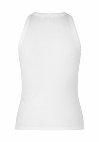 Valge ribiga tank top kõrge kaelusega ja võistlusraami disainiga. Lihtne ja keha lähedal istuv minimaalse detailsusega, valmistatud venivast kangast.
