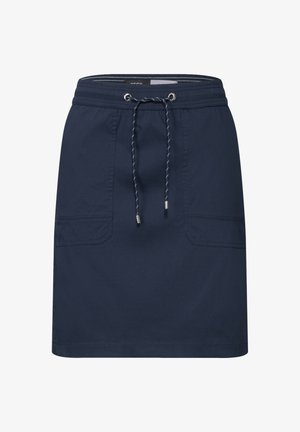 Navy blauwe rok met een elastische tailleband, trekkoord en twee voorzakken. Gemaakt van een gladde stof met subtiele stikdetails.
