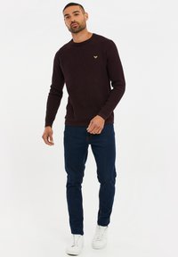 Maglione a maglia color bordeaux scuro con maniche lunghe, scollatura rotonda e un piccolo logo verde. Abbinato a jeans blu scuro e sneakers bianche.