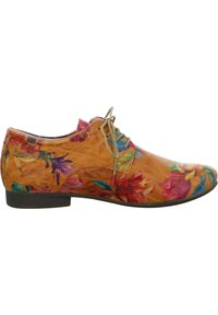 Chaussures à lacets florales en cuir tan, présentant un motif floral coloré avec des accents rouges, violets et verts. Talon bas et forme de bout arrondi.