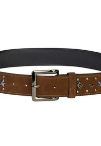 Cinturón de ante marrón con remaches en tono plateado y hebilla metálica, con una correa negra lisa y acentos decorativos en la parte frontal.