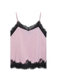 Camisole di raso rosa con bordatura in pizzo nero e orlo a scollatura. Presenta spalline sottili regolabili e un delicato bordo in pizzo sul collo.