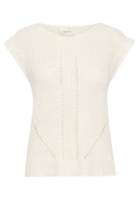 Virkat krämfärgad topp med korta capärmar, med vertikal ribbad textur och sidofliktdetaljer. Rund halsringning och avslappnad passform.