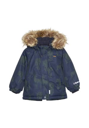 Marineblaue Winterjacke mit einer mit Pelz besetzten Kapuze, die ein grünfarbenes Tiermuster aufweist, elastische Bündchen hat und mit einem Reißverschluss geschlossen wird.
