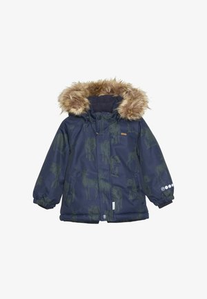 Veste d'hiver navy avec capuche bordée de fausse fourrure, ornée d'un motif animalier vert, avec des poignets élastiques et une fermeture éclair sur le devant.