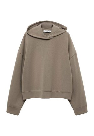 Khaki-Hoodie aus weichem Material. Besitzt einen lockeren Schnitt, weite Ärmel und eine Fronttasche. Strukturiert mit einem minimalistischen Design.