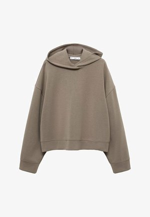 Khaki hoodie gemaakt van zachte stof. Heeft een losse pasvorm, brede mouwen en een voorkantzak. Gevoelod oppervlak met een minimalistisch ontwerp.