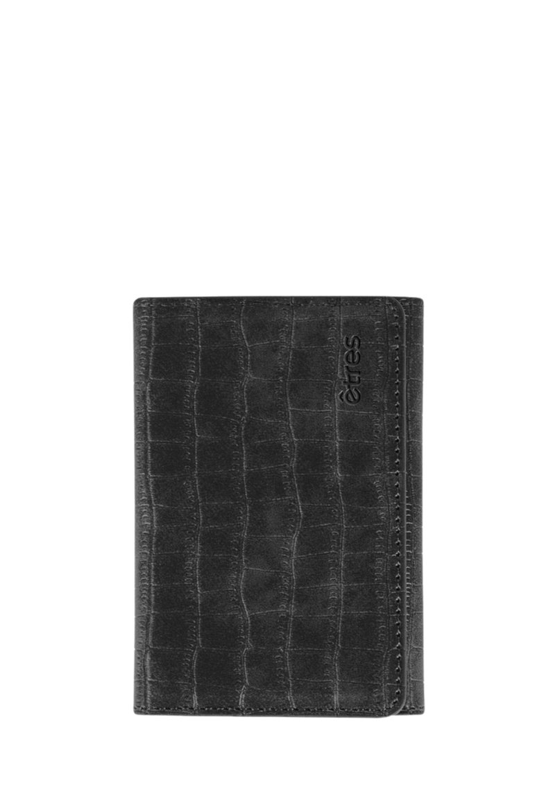 Portefeuille en cuir noir avec un motif crocodile texturé, arborant un logo subtil et des coutures nettes le long des bords. Forme compacte et rectangulaire.
