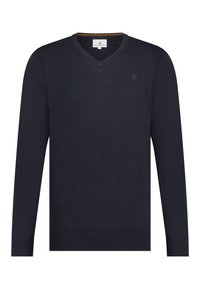 Mörkblå v-neck-tröja i mjukt tyg med ribbad textur. Har subtila detaljer på ärmarna och en enkel logotyp på bröstet.