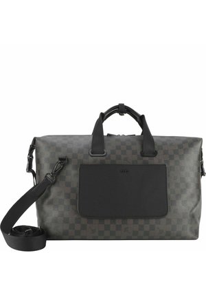 Duffel bag in gray checkered pattern, made of leather. Features short handles and a detachable strap, with a front pocket and black accents.