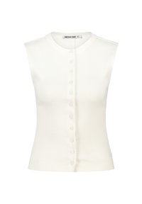 White sleeveless ribbed top featuring a scoop neckline and a front button closure. Smooth texture with a fitted silhouette.