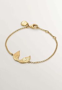 Pulsera de oro con un diseño de alas detallado en el centro. La cadena está compuesta por eslabones ovalados interconectados con un cierre de langosta.