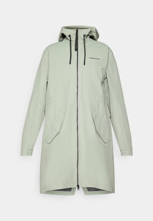 Hellegrüne, wasserdichte Jacke mit Kapuze, ausgestattet mit einem Frontreißverschluss, schwarzen Kordeln und zwei Seitentaschen. Glatte Textur und mittellanges Design.