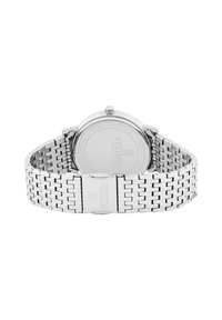 Silberner Edelstahl-Uhr mit rundem Gehäuse, geflochtenem Armband und einer Schließe. Klare Rückseite mit glatter Oberfläche und eingravierten Markendetails.