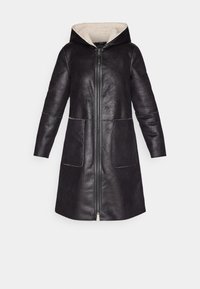 Manteau long noir à capuche avec fermeture éclair sur le devant, grandes poches et doublure douce beige clair à l'intérieur de la capuche et à l'intérieur.