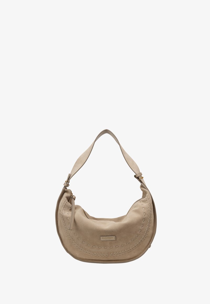 Beige Wildleder-Mondtasche mit breitem Riemen, dekorativen gestickten Mustern und kleinem Markenlabel vorne in der Mitte.