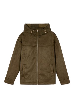 Olive green zip-up jacket with hood, drawstring toggles, long sleeves, and two front pockets, displayed on a white background.