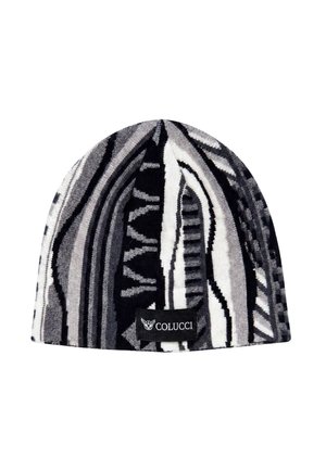 Black, white, and gray patterned knit beanie with a Colucci brand label on the front center.