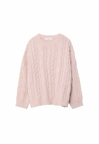Jasnoróżowy sweter z dzianiny z wzorem w warkocze, okrągły dekolt oraz ściągacze na rękawach i u dołu, które dodają tekstury i wizualnego zainteresowania.